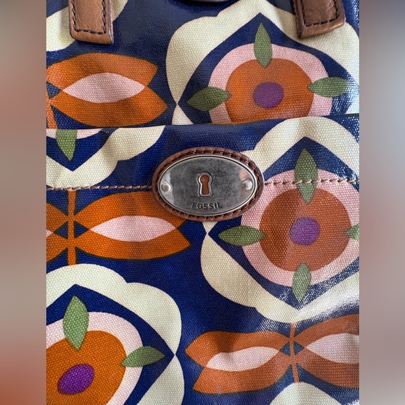 Fossil Keyper Key Per Purse Handbag Coated Textile Leather Trim Floral - Picture 2 of 9